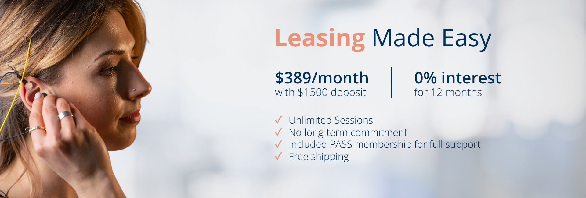 Woman using NeurOptimal system with lease-to-own offer showing $389 per month, 0% interest, and included unlimited sessions