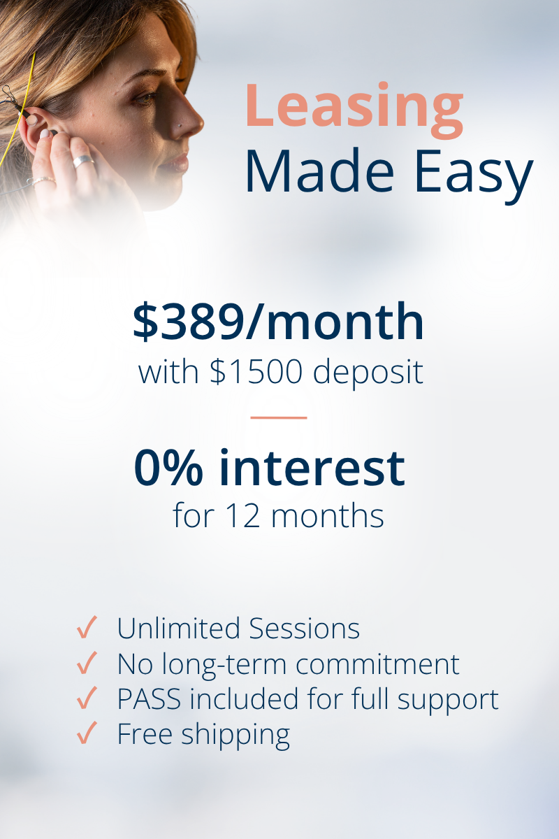 Woman using NeurOptimal system with lease-to-own offer showing $389 per month, 0% interest, and included unlimited sessions