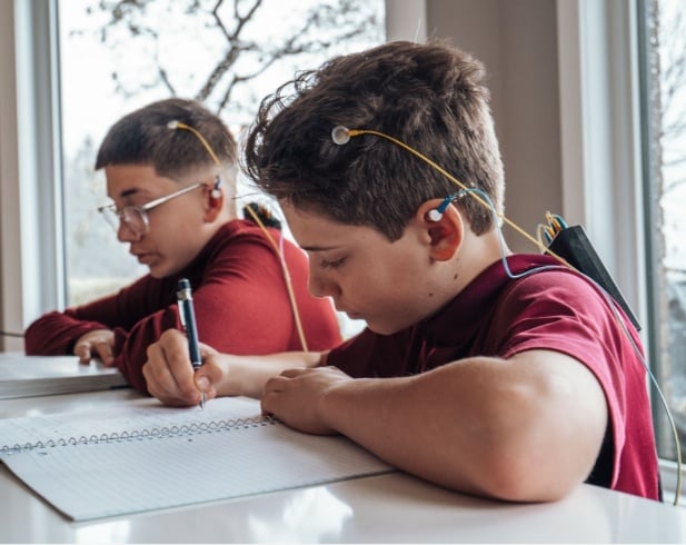 students writing in notebooks while wearing NeurOptimal neurofeedback sensors