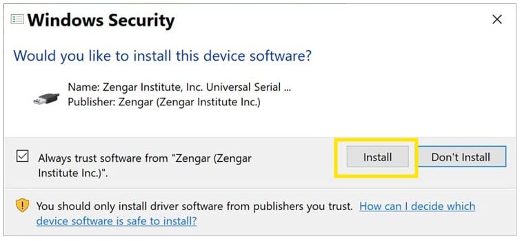 The Windows Security prompt with the Install button