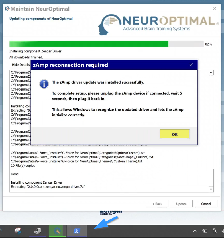 On-screen instructions to reconnect the zAmp