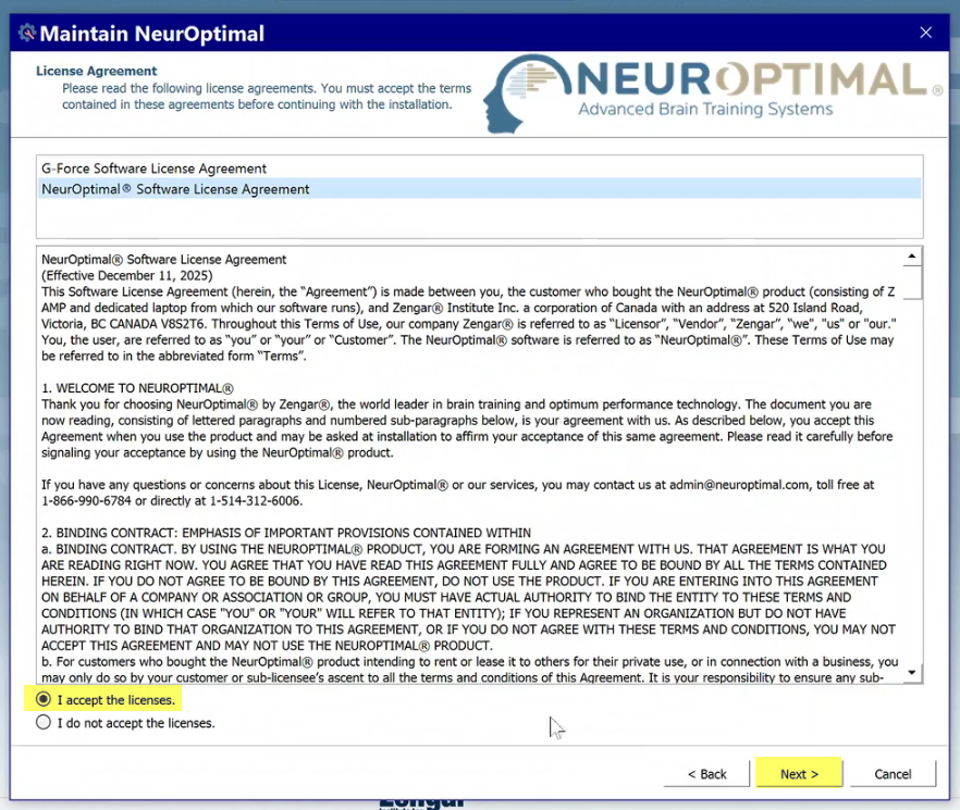 The I accept the licenses option followed by the Next button